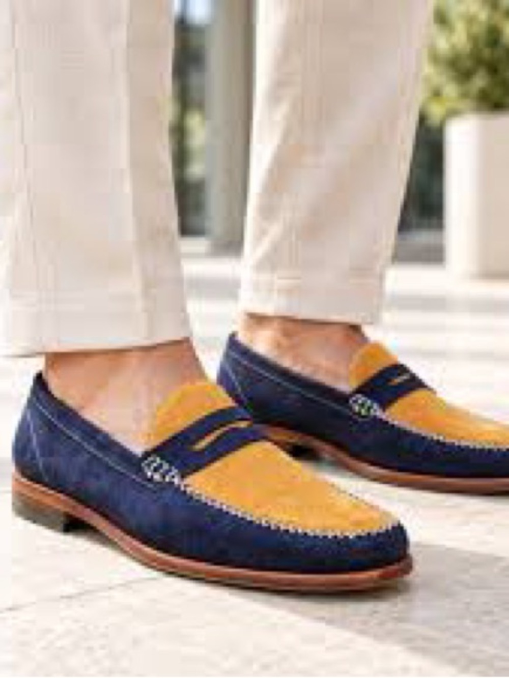 Men's Two-Tone Sebago Suede Penny Loafers in Navy and Mustard